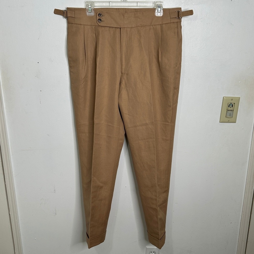 Solbiati Lander Urquijo Linen Cotton Pleated Trousers Tan Side Adjusters 35